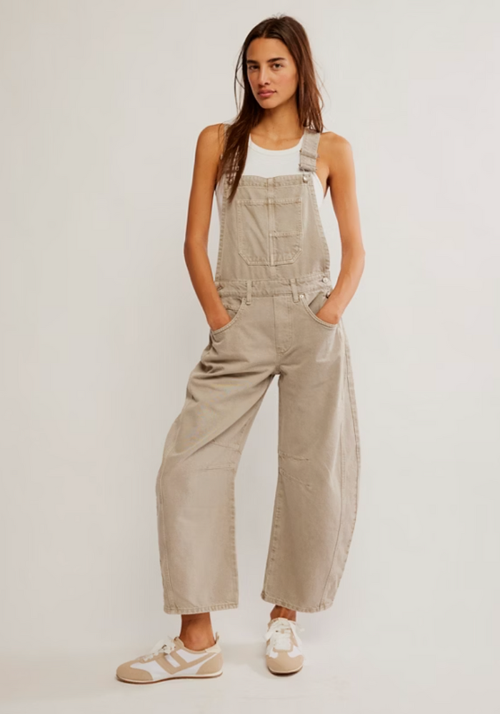 
                      
                        The Free People Good Luck Barrel Overalls in the color Cobblestone
                      
                    