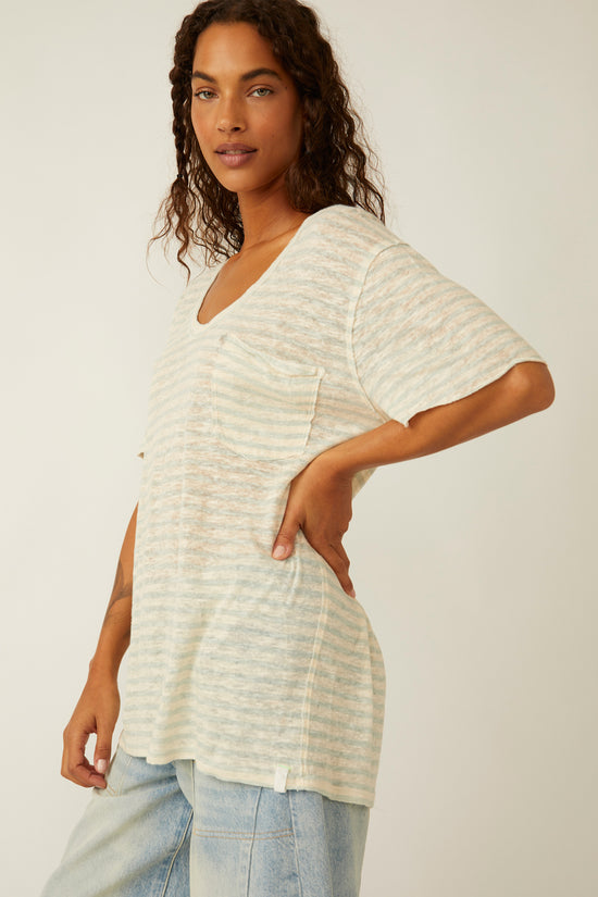 Side view of the Free People All I Need Stripe Tee in the color Mineral Sea Combo