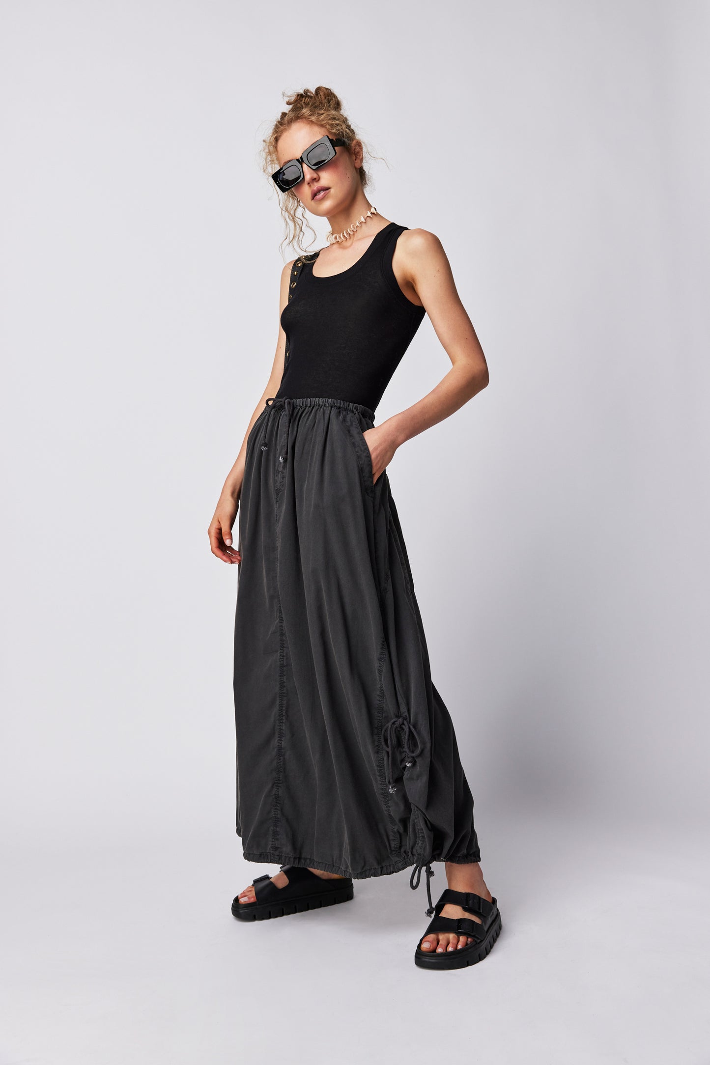 Front view of the black Free People Picture Perfect Parachute Skirt