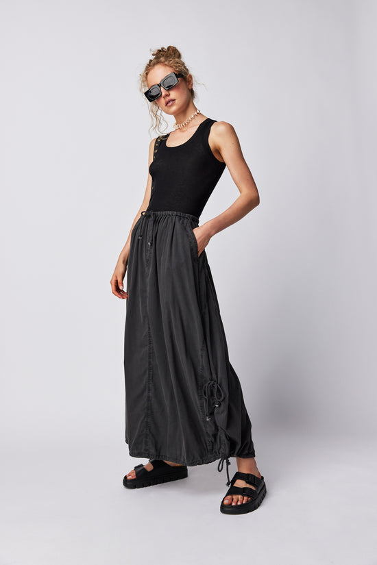 Front view of the black Free People Picture Perfect Parachute Skirt