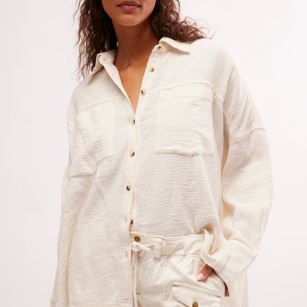 Front view of Free People's Optic White Cardiff Button Down Top