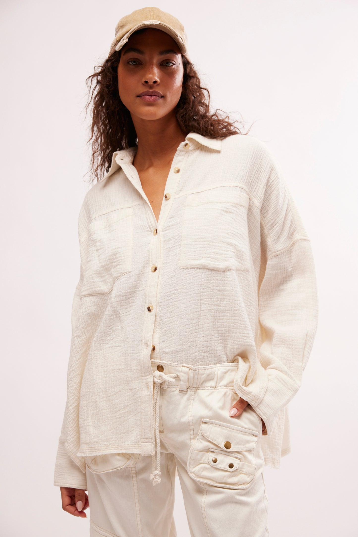 Front view of Free People's Optic White Cardiff Button Down Top