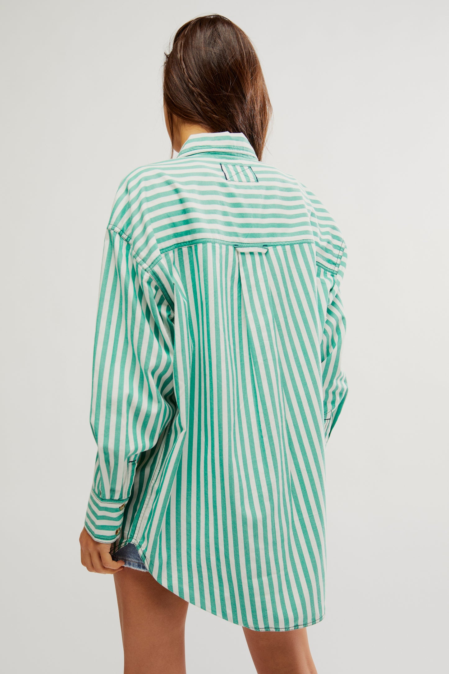 Back view of Free People's Freddie Shirt in the color French Green Combo