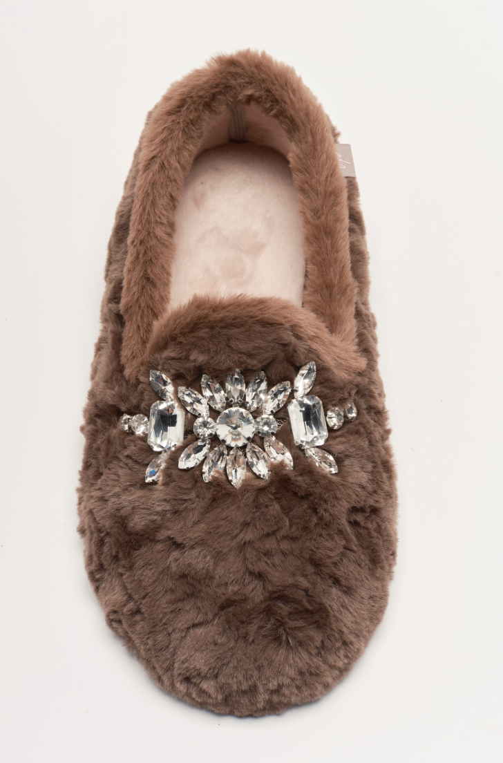 Brown fuzzy rhinestone adorned loafer slippers from Free People