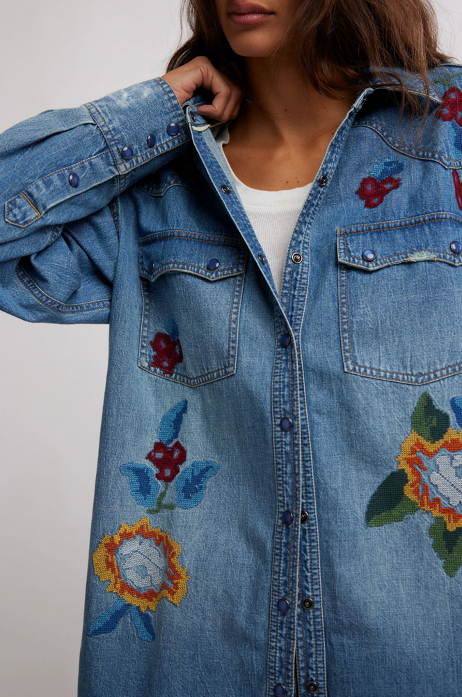 Women's denim shirt with colorful floral embroidery