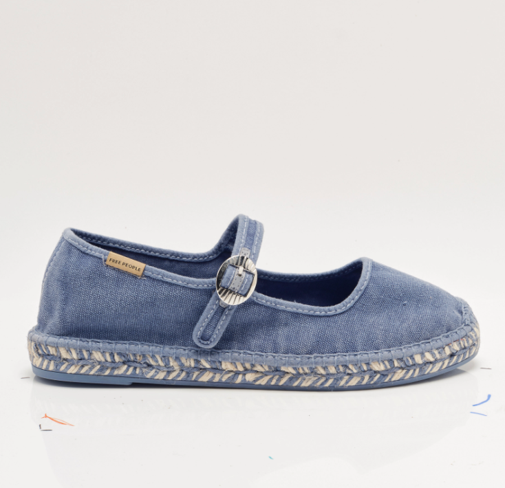 Women's washed blue espadrille flats with adjustable buckle closure