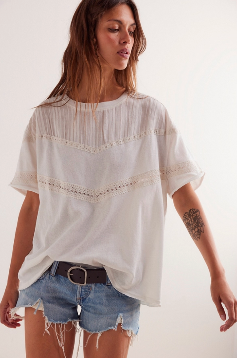 Elevate your t-shirt game with Free People's feminine lace trim Dorothy Tee, available to shop at Harbour Thread 
