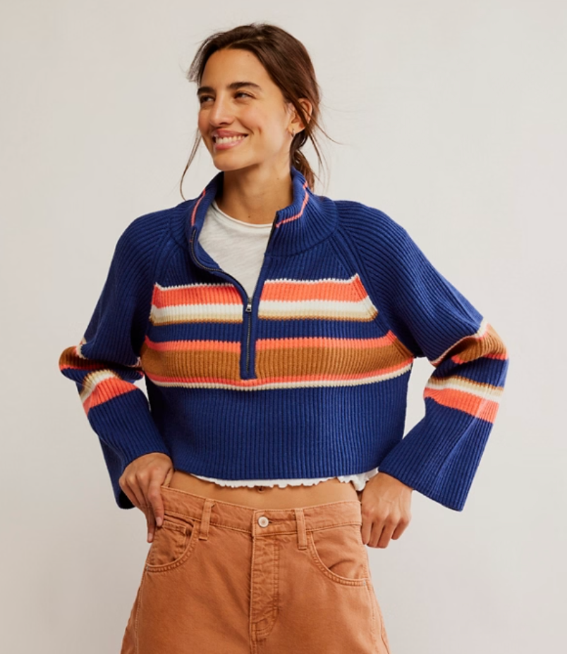 Free People's cool and cozy Striped Greta Half Zip Pullover is available at Harbour Thread for fun cold-weather style. 