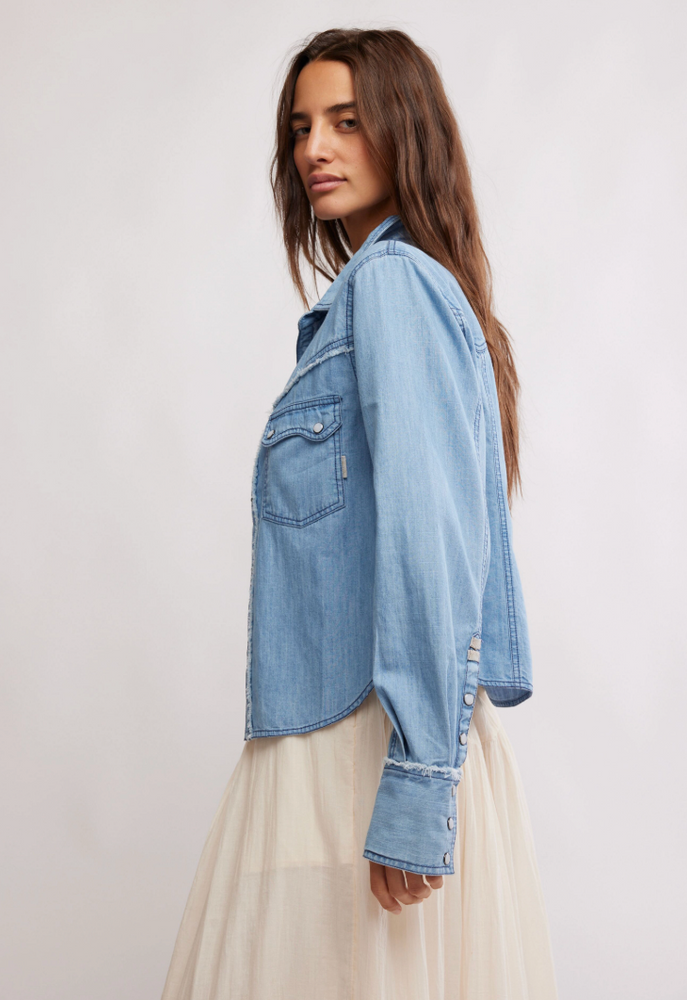 
                      
                        Free People's Shrunken Denim Indigo Top
                      
                    