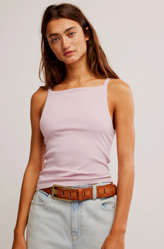 
                      
                        Pink ribbed tank top with square neckline and dropped armholes
                      
                    