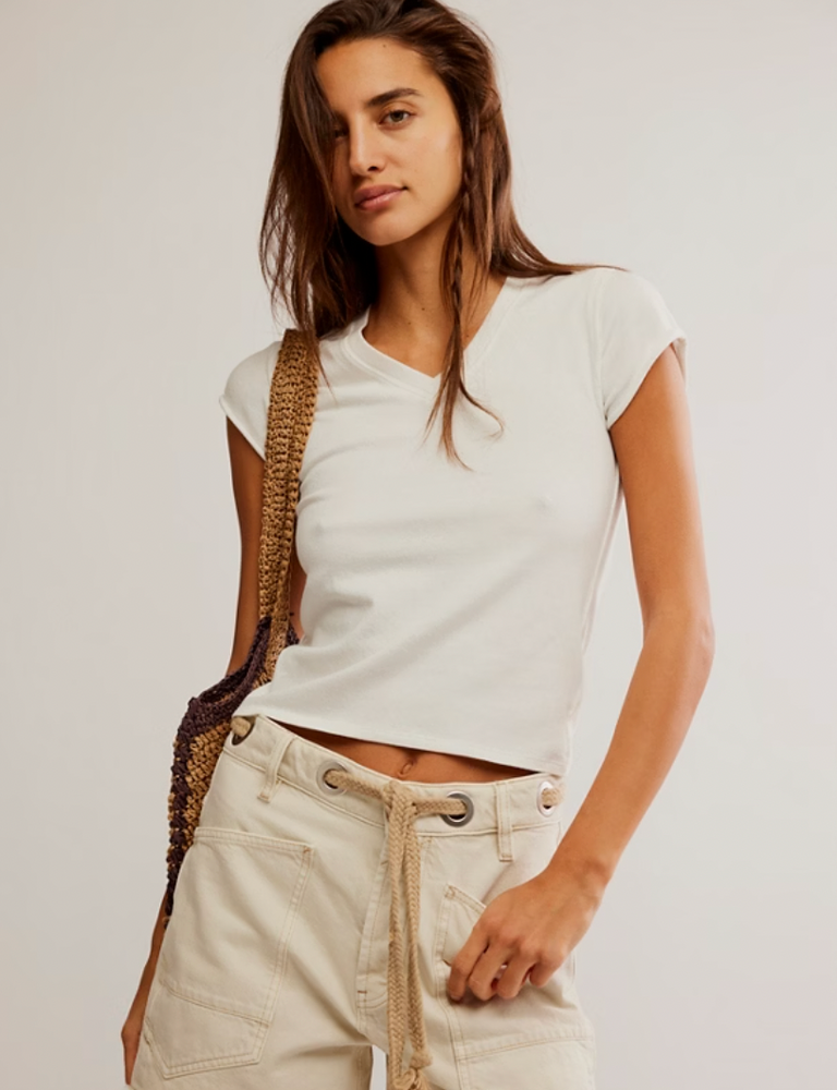 
                      
                        Perfect for casual days, you'll find versatile styling potential with cool v-neck women's tee from Free People, available now at Harbour Thread
                      
                    