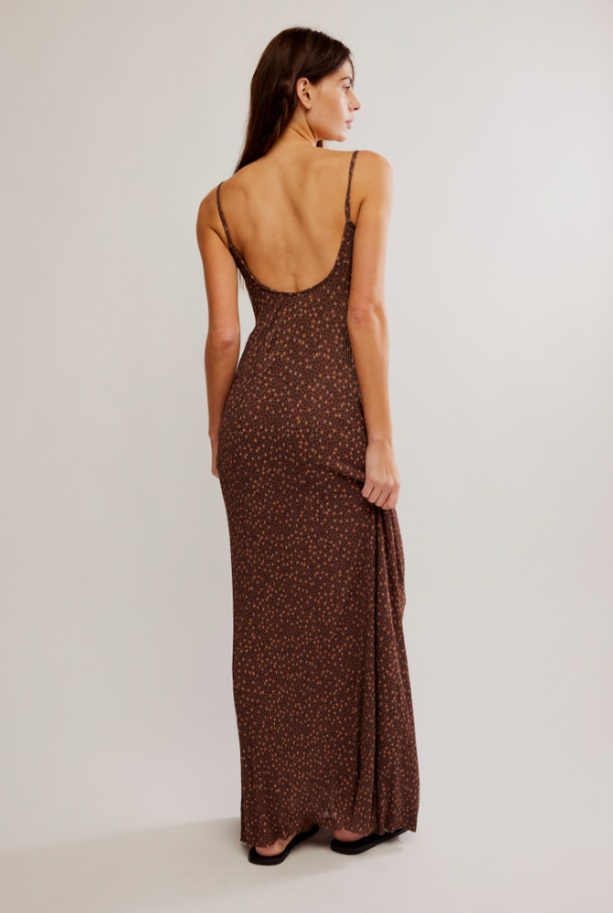 
                      
                        Brown floral low scoop back dress
                      
                    