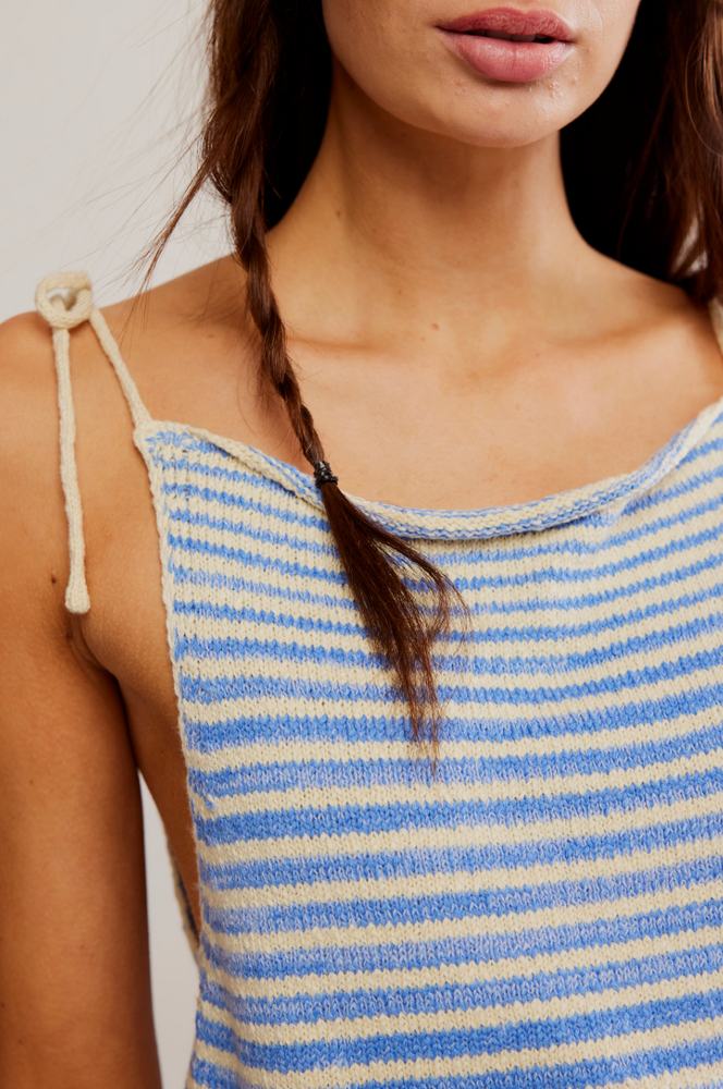 
                      
                        Blue and white striped sweater tank with shoulder tie straps
                      
                    