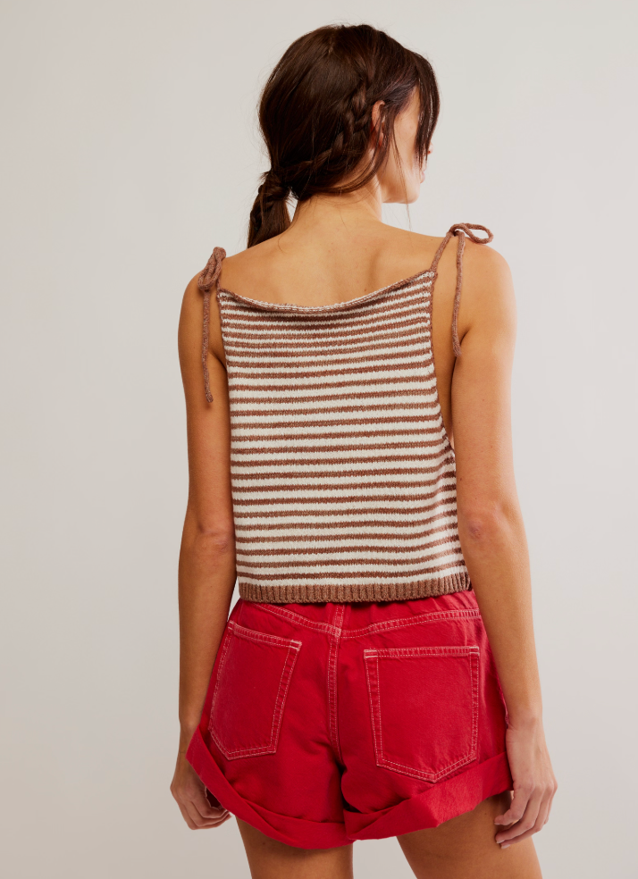 
                      
                        Brown and white striped tank with shoulder tie straps
                      
                    