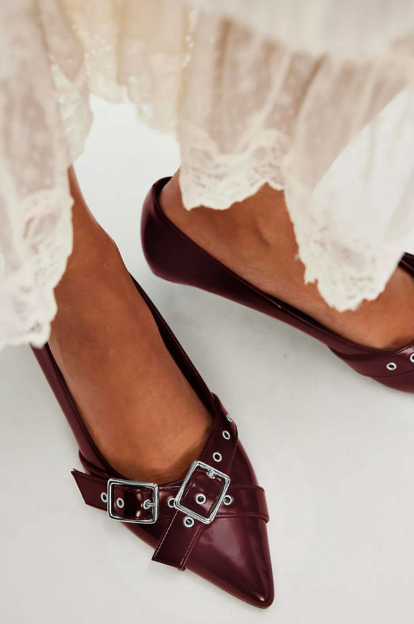 The Free People So 90's Kitten Heel is available at Harbour Thread boutique in the color Cabernet Vegan Leather