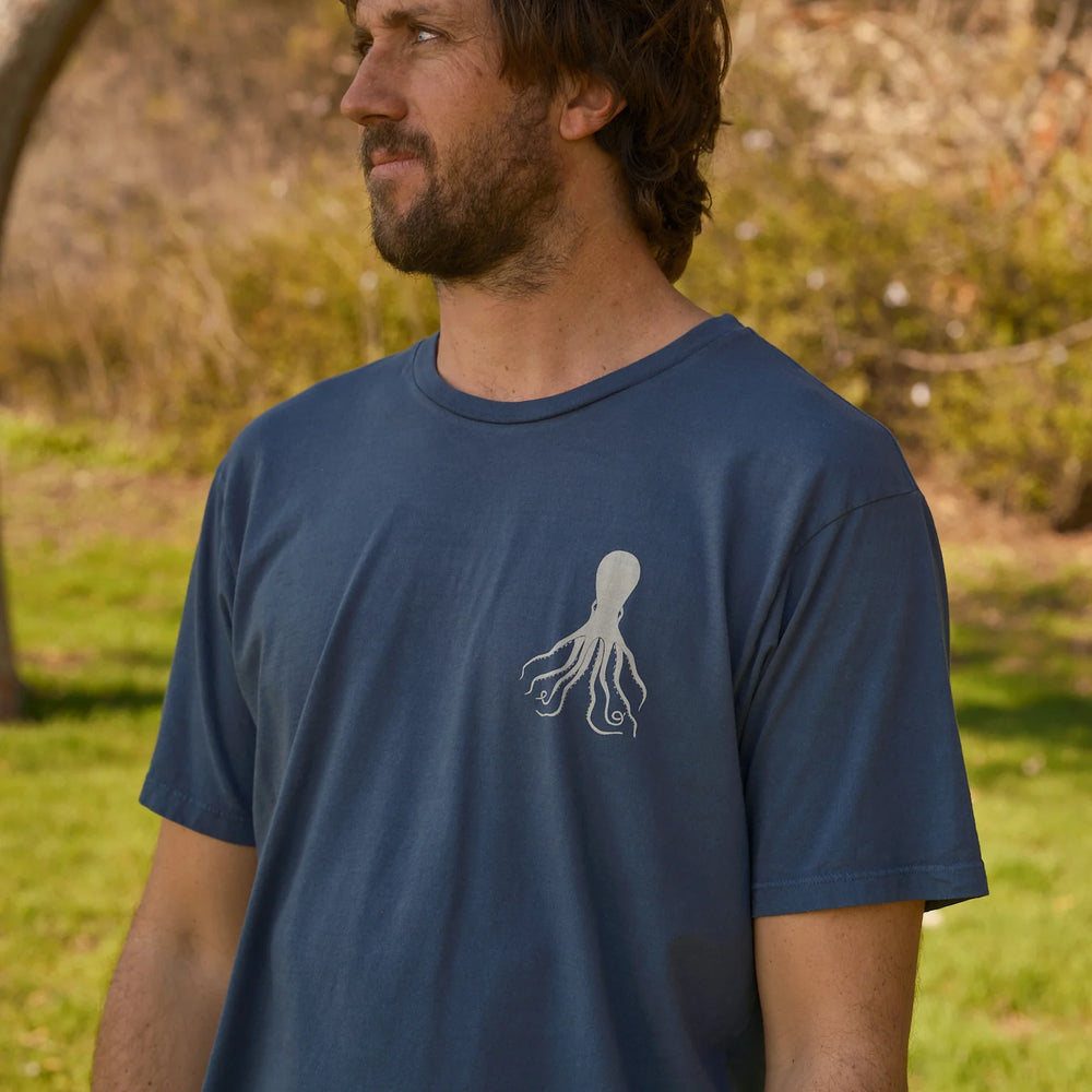 Front view of men's navy color short sleeve t-shirt with a small octopus graphic on the left chest