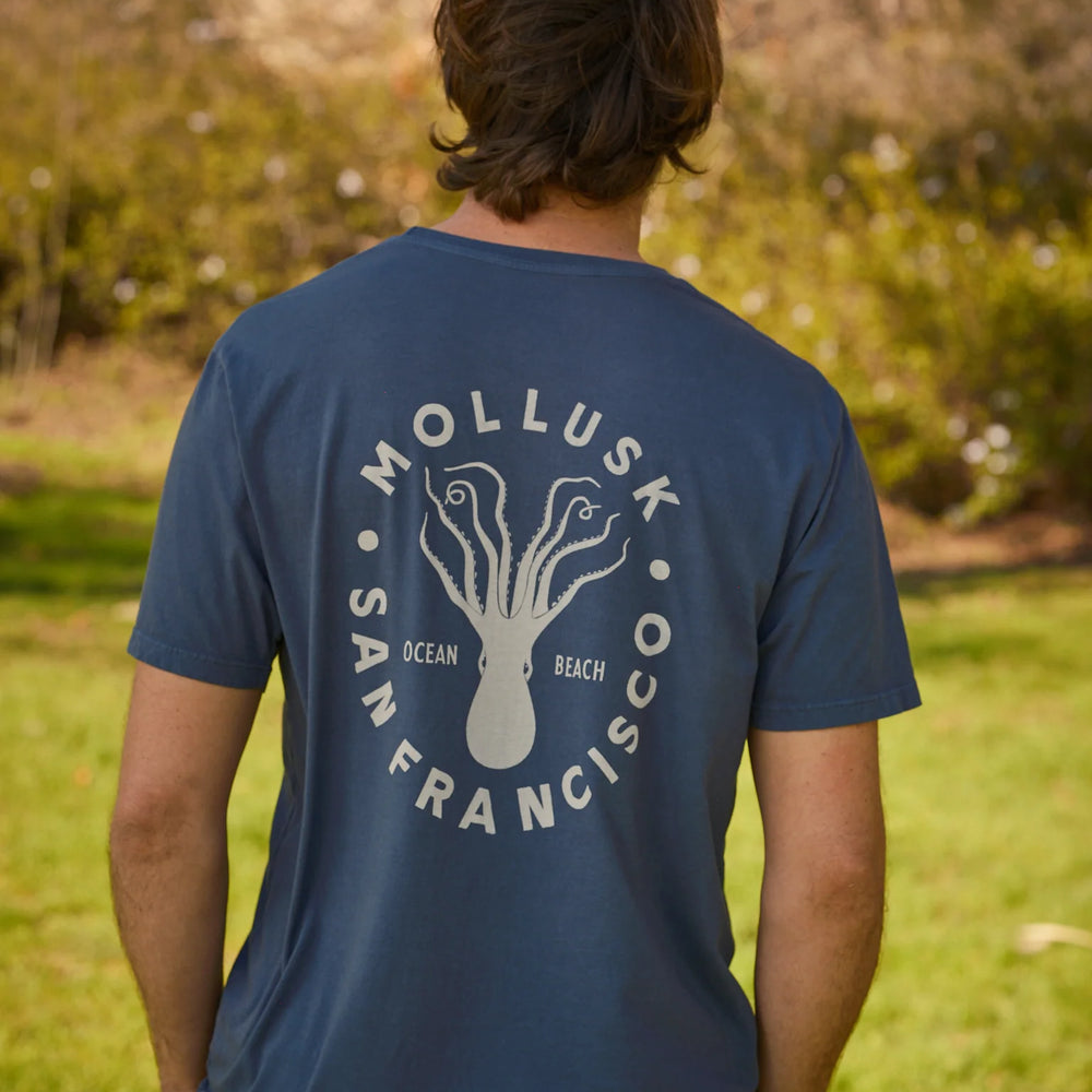 
                      
                        Back view of men's navy color short sleeve t-shirt with an upside down octopus graphic on the back and the words Mollusk, San Francisco and Ocean Beach
                      
                    