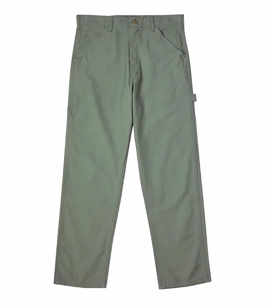 Front view of the men's Olive Sateen OG Painter Pants by the brand Stan Ray