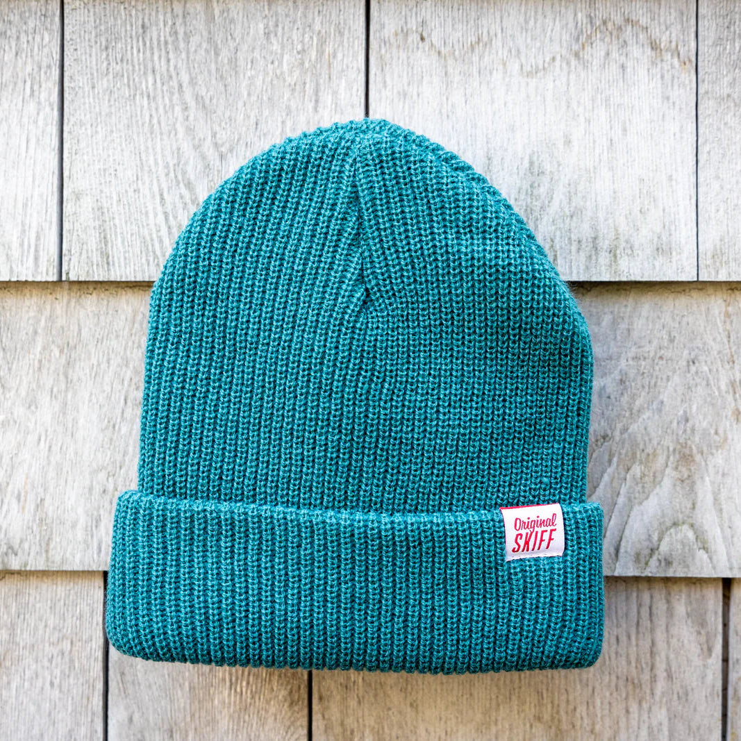 Original Skiff Shipyard Beanie in Mineral Blue, available now at Harbour Thread