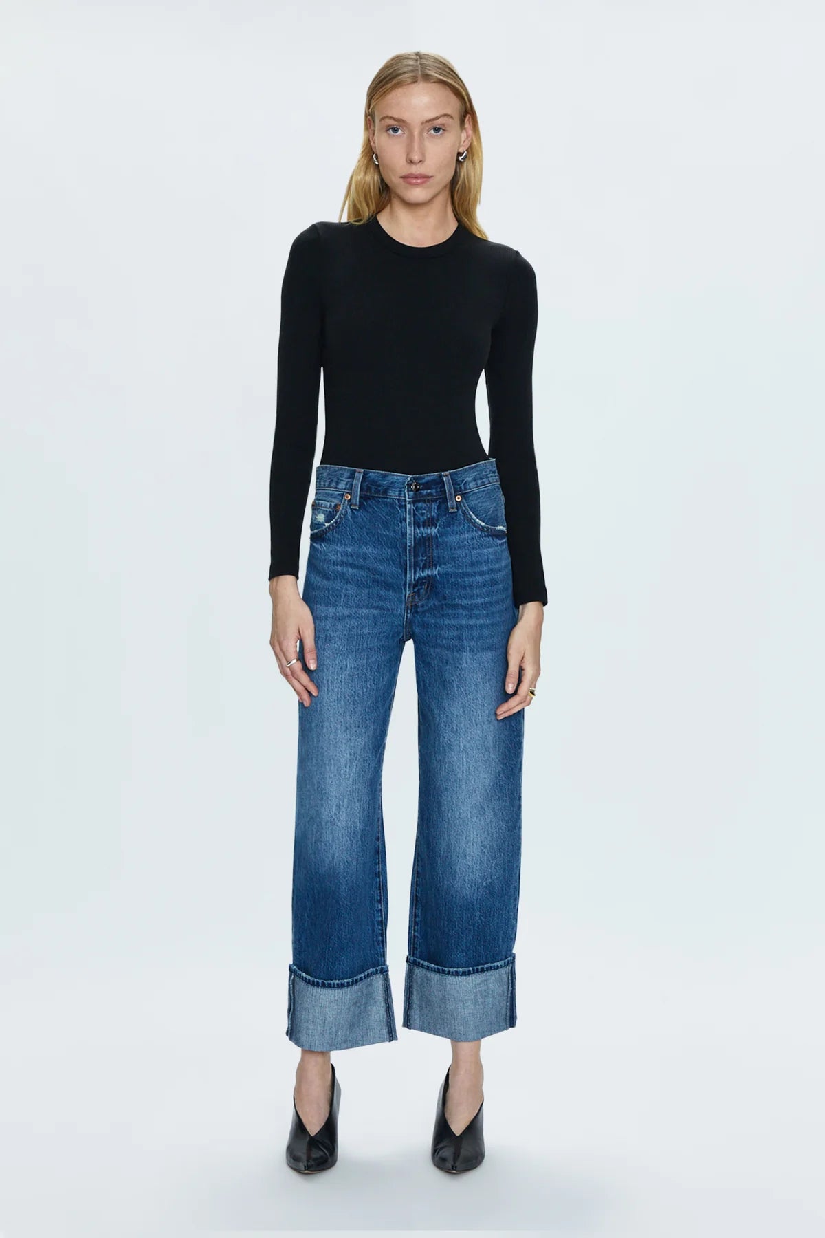 The Deep Blue Indigo Ryder Wide Leg Cuffed Jeans by PISTOLA