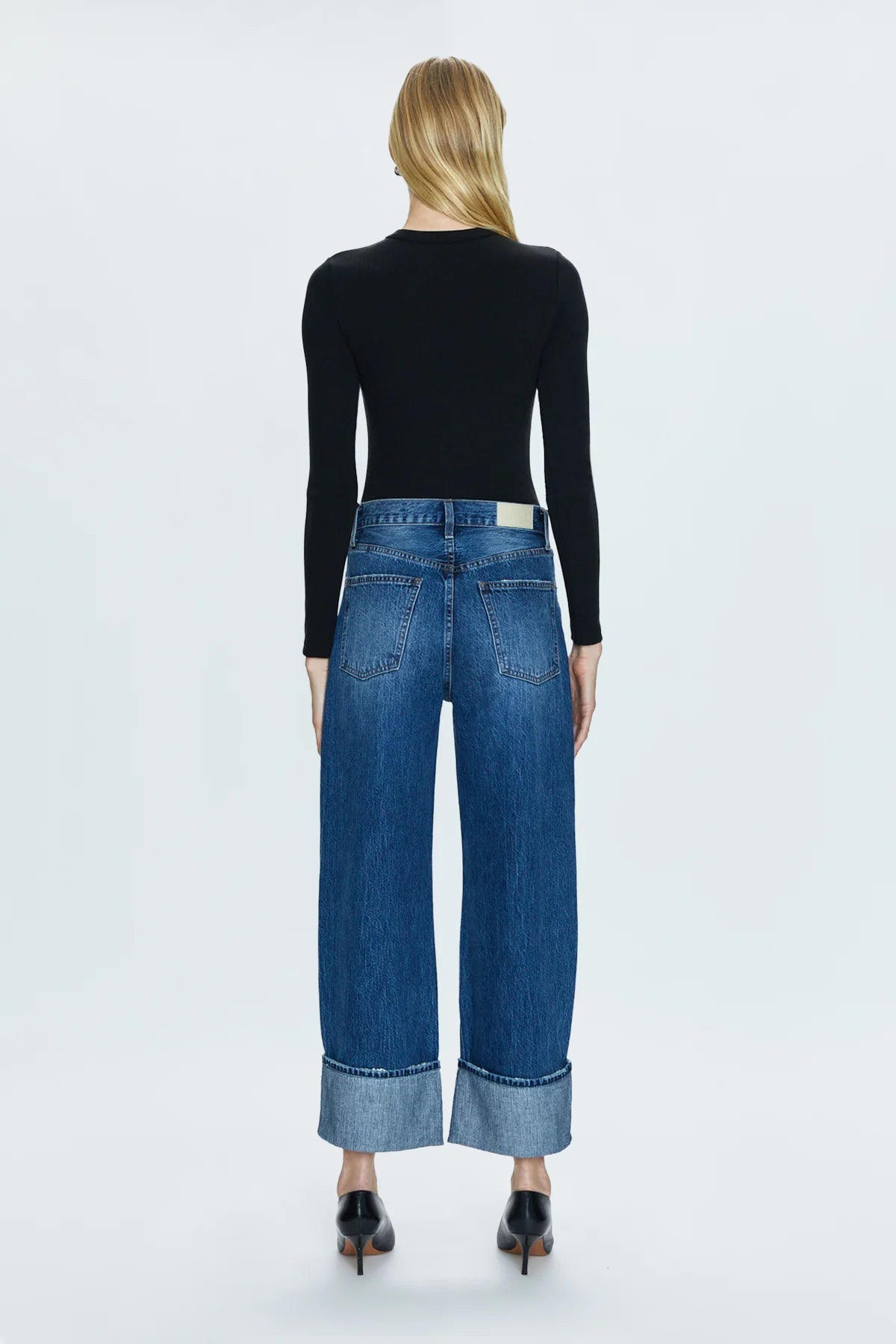 Back view of the Deep Blue Indigo Ryder Wide Leg Cuffed Jeans by PISTOLA