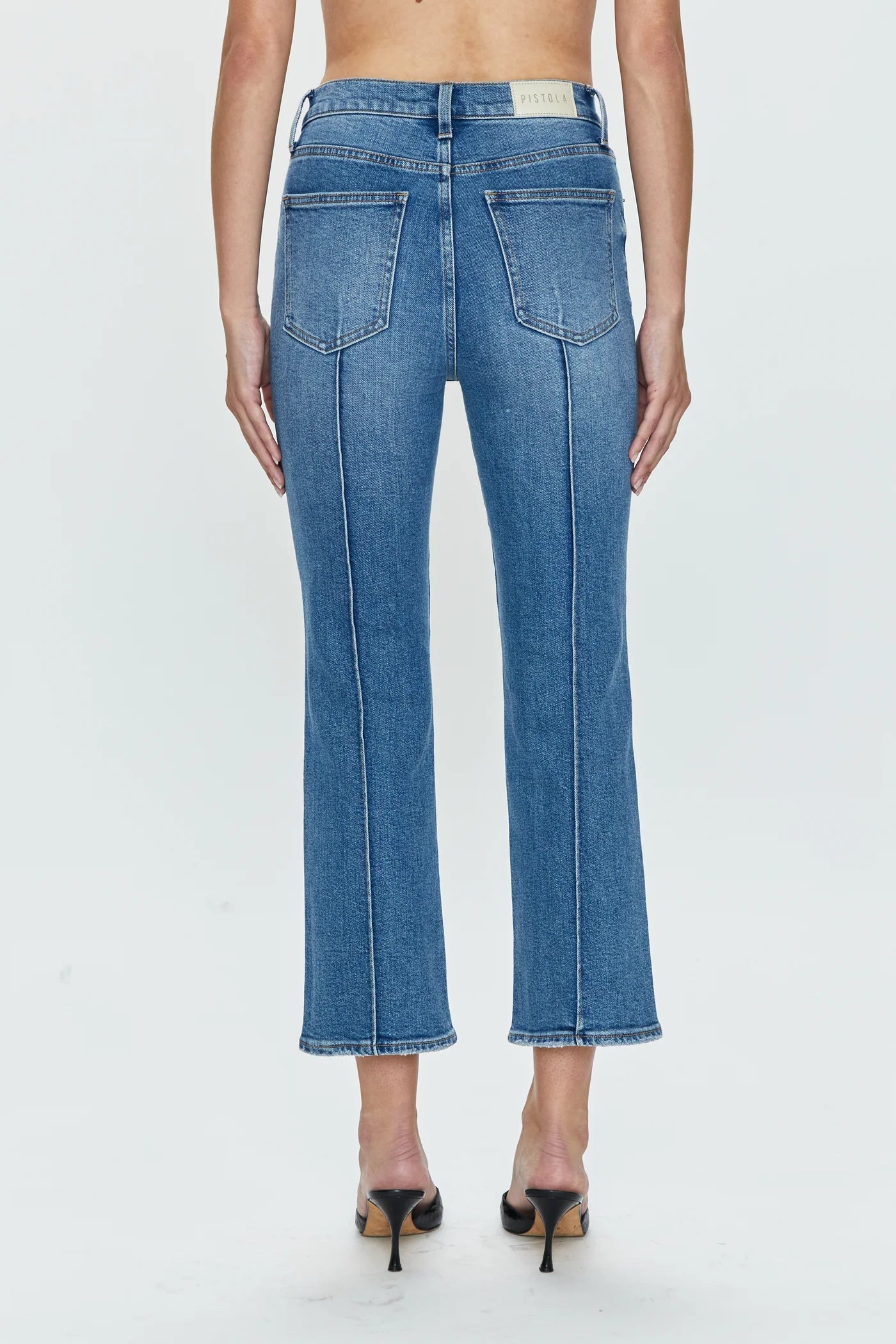 Back view of PISTOLA's Lennon High Rise Crop Boot Jeans in the color Essence