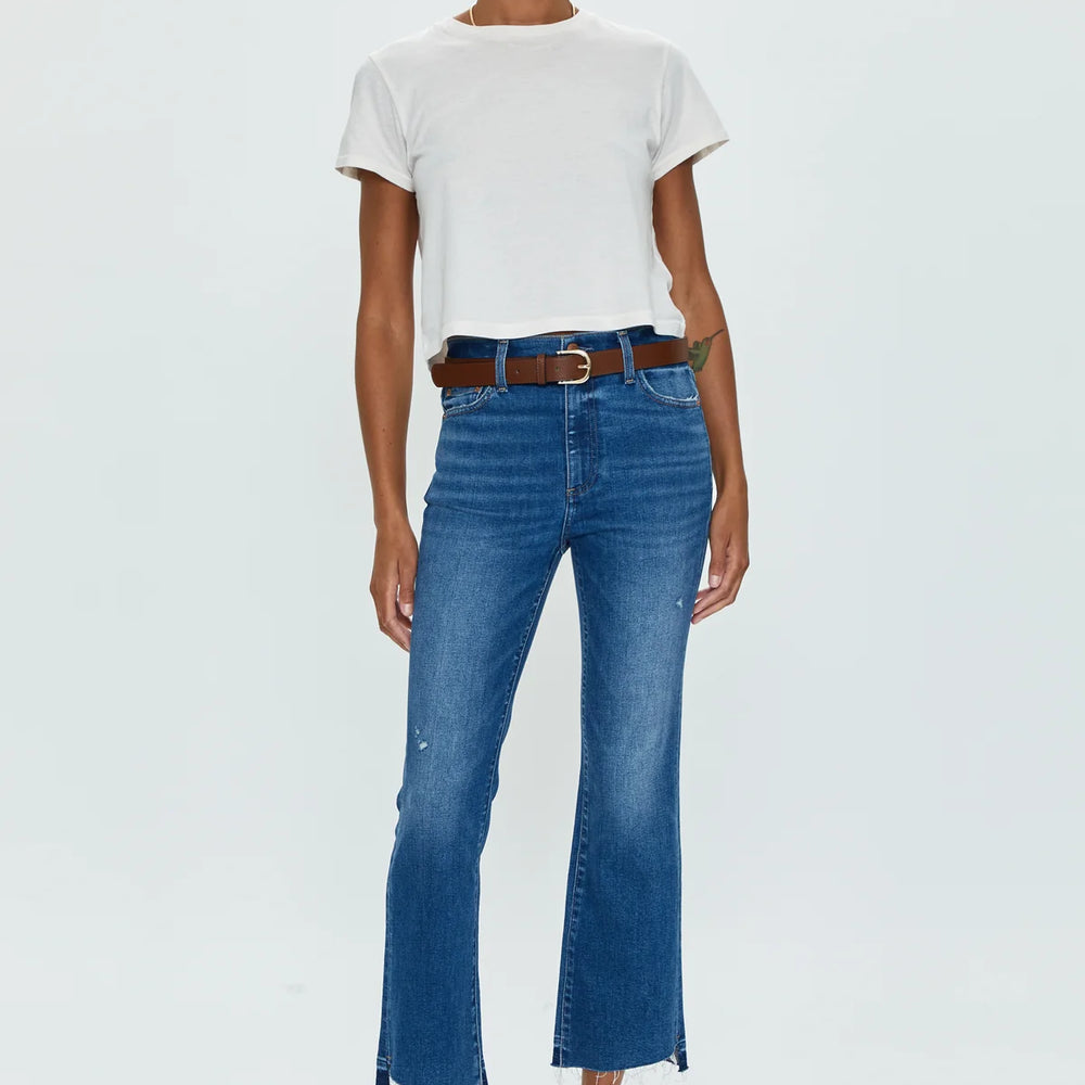 
                      
                        Front view of woman wearing medium wash  high rise cropped bootcut jeans by Pistola
                      
                    