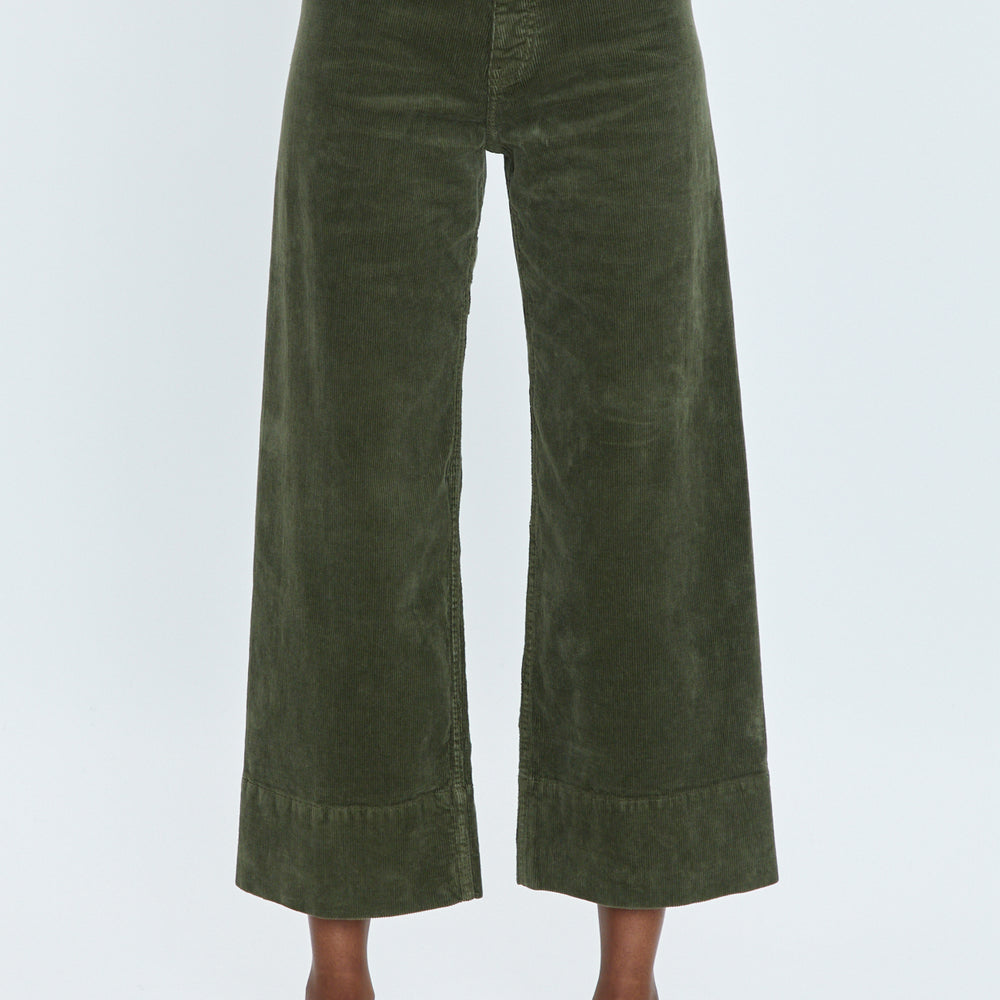 Front view of the Green Corduroy Penny High Rise Wide Leg Crop by Pistola