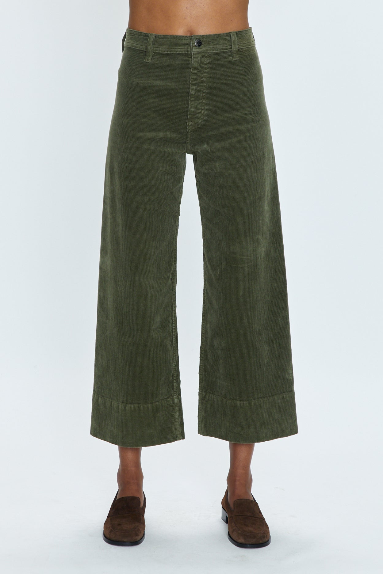 Front view of the Green Corduroy Penny High Rise Wide Leg Crop by Pistola