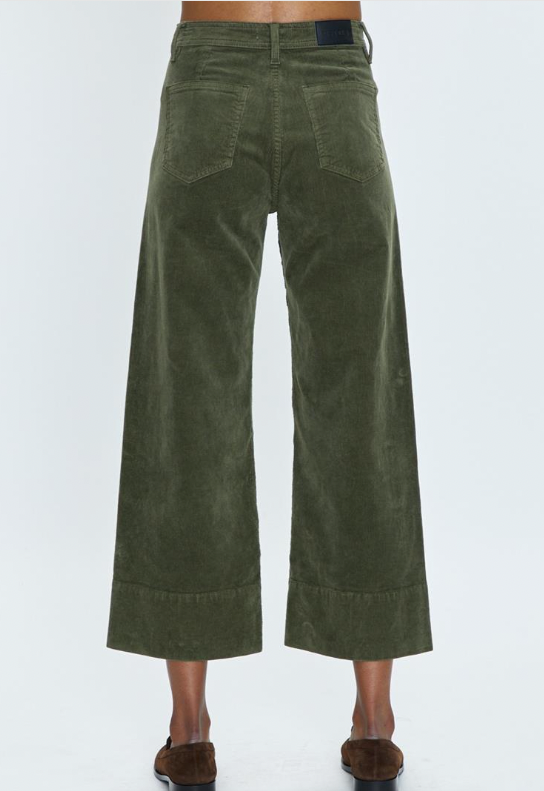 Back view of the Green Corduroy Penny High Rise Wide Leg Crop by Pistola