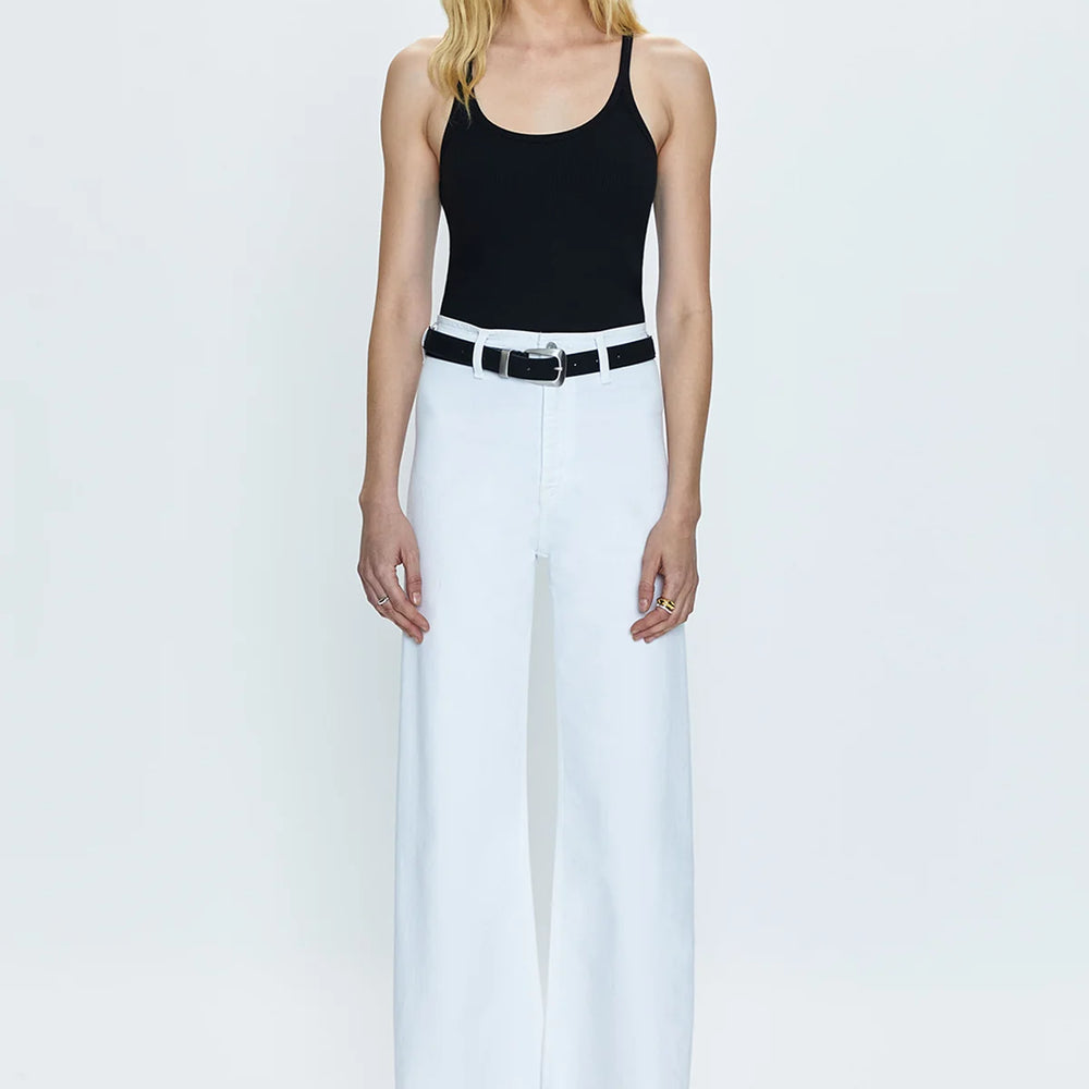 Front view of a woman wearing the white Penny High Rise Wide Leg Crop  Jean by Pistola