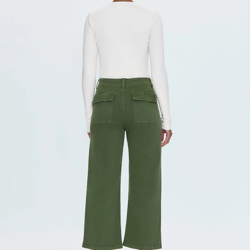 
                      
                        Back view of the Sophia Wide Leg Pant in the color Basil, by Pistola
                      
                    