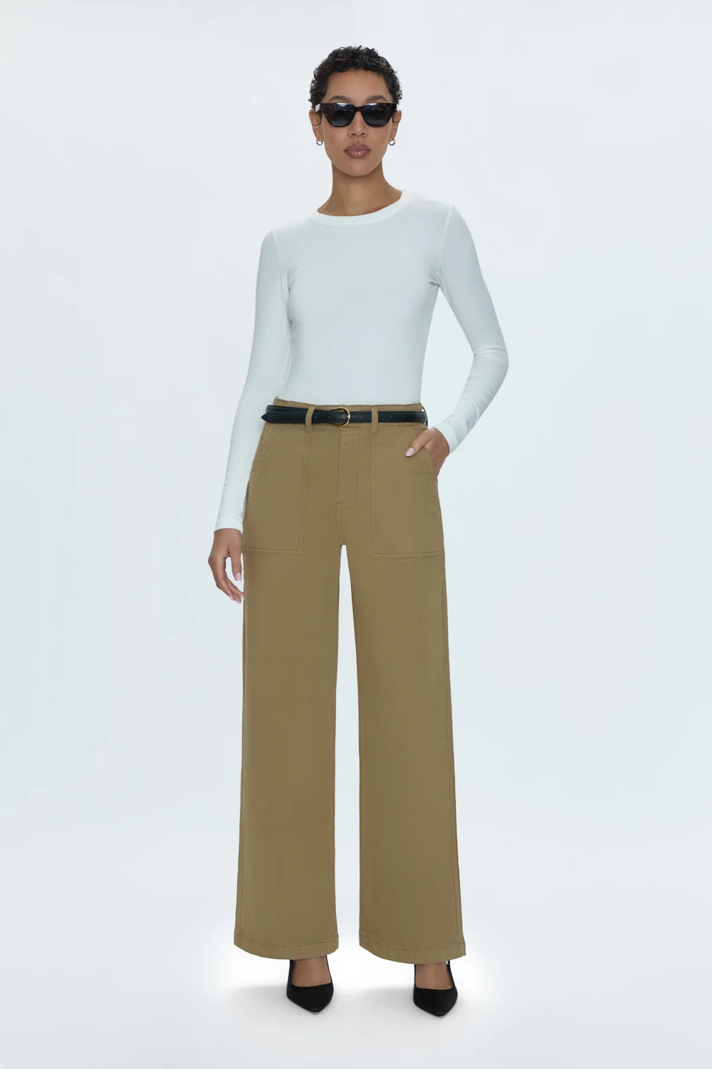 Front view of the Nicole Wide Leg Khaki Pant by Pistola