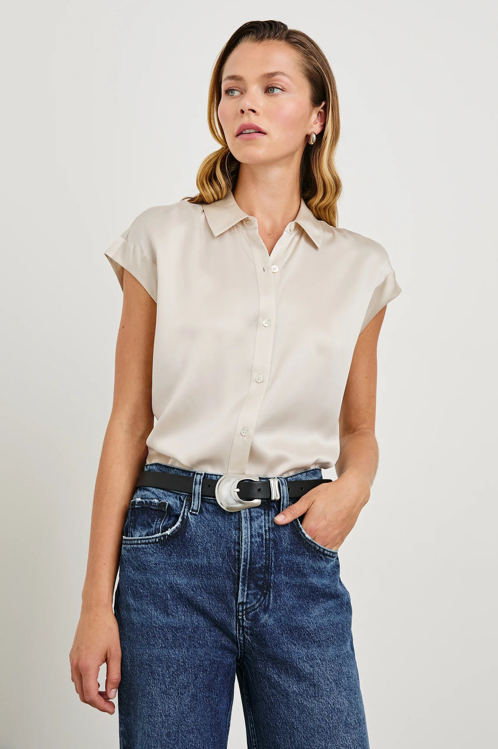 Front view of a woman wearing the Silk Palmer Shirt by Rails