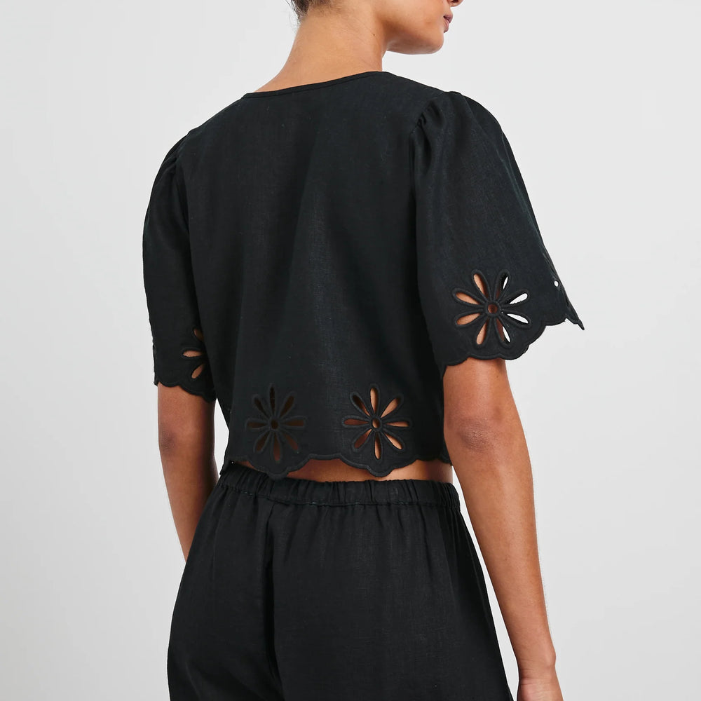 
                      
                        Women's relaxed fit black eyelet top. 
                      
                    