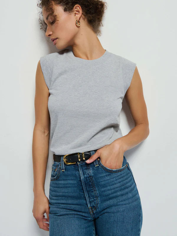 Front view of a woman wearing the Heather Grey Patti Muscle Tank by Nation LTD