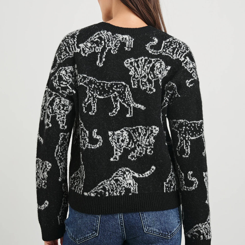 
                      
                        Women's black pullover sweater with a large cat design throughout from Rails
                      
                    