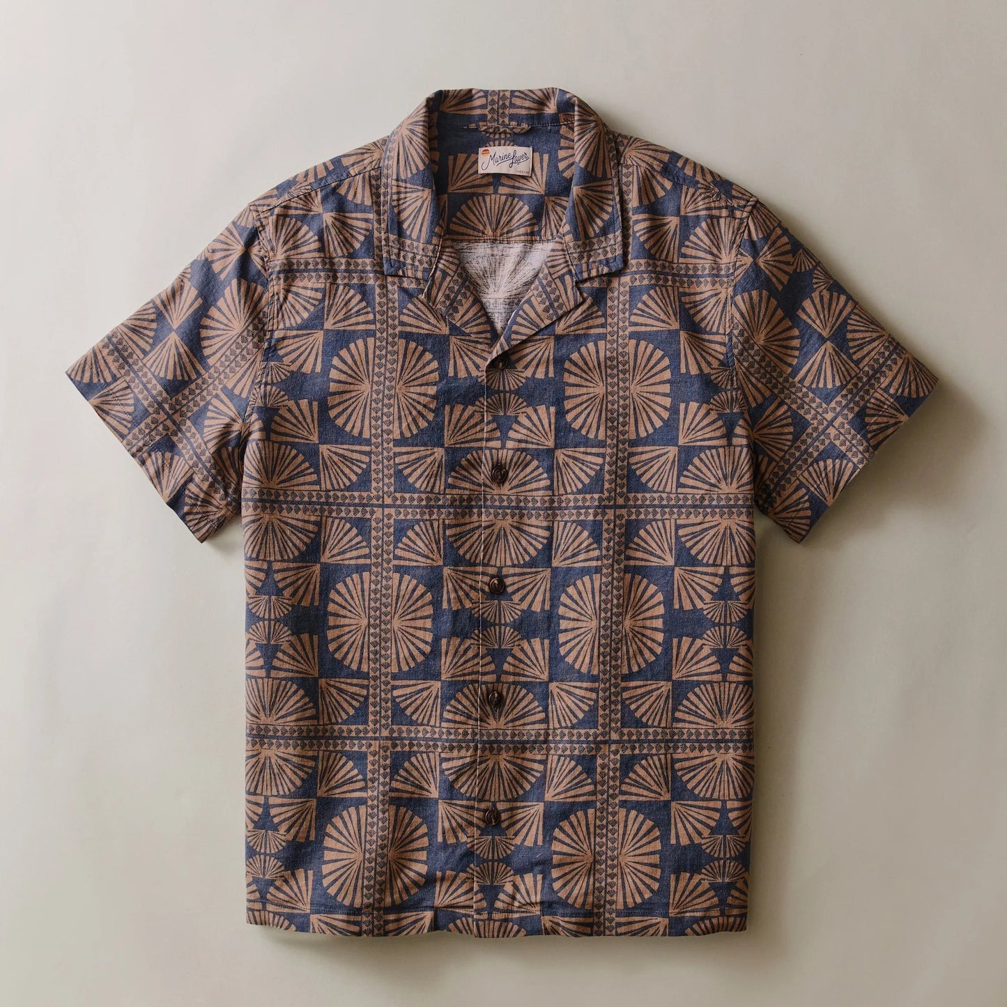Marine Layer Pablo Tencel Linen Resort Shirt in Brown/Navy Geo Fan Print