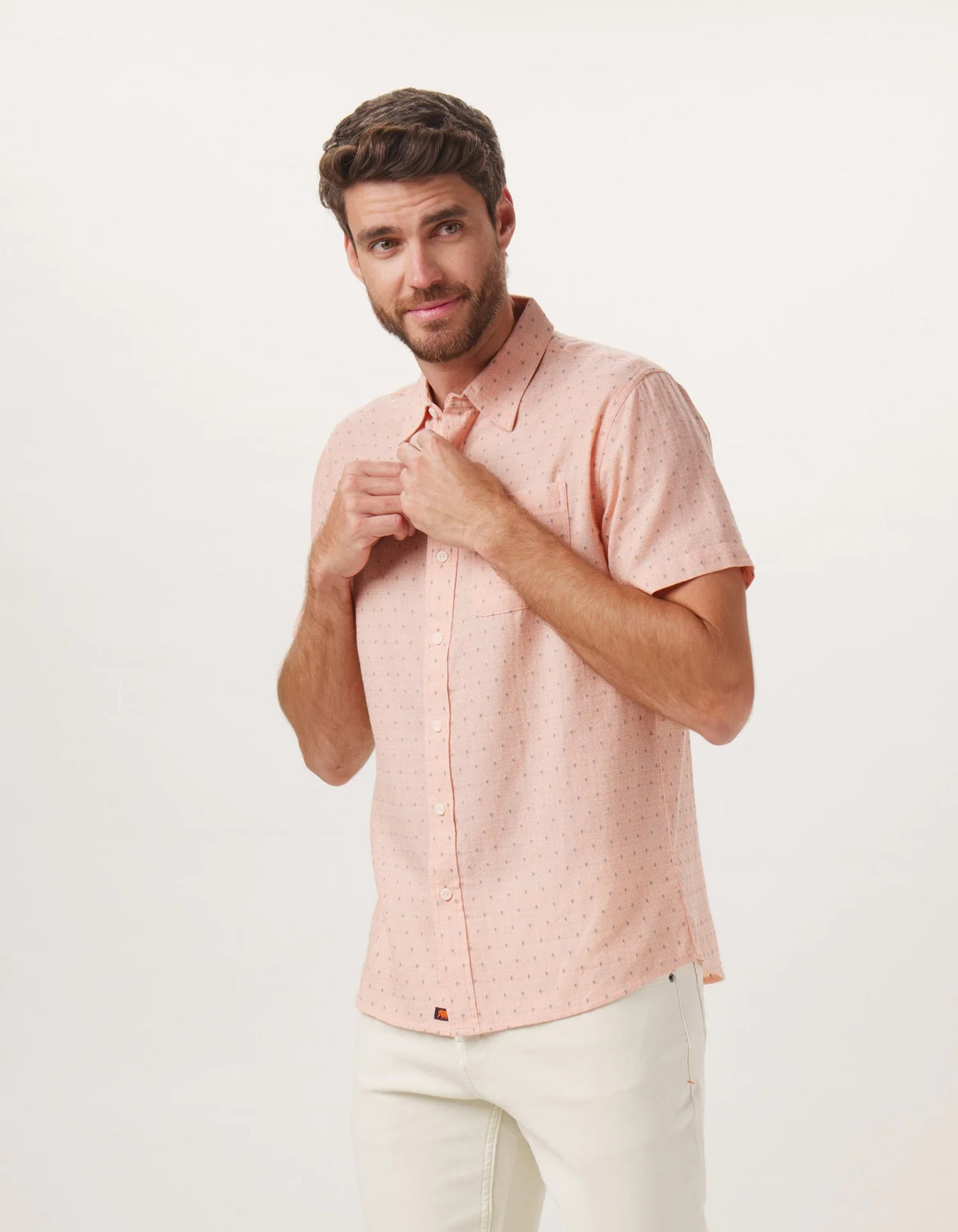 Front view of The Normal Brand's Freshwater Button Up Shirt in the color Double Nep Copper Dobby