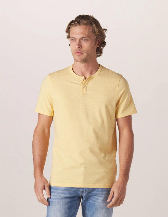 Front view of The Normal Brand's Active Puremeso Weekend Henley in the color Golden Hour