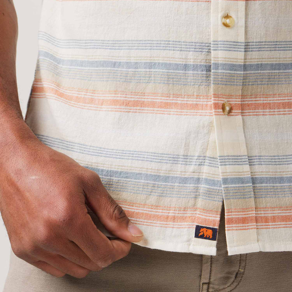 
                      
                        Front detail on The Normal Brand's Freshwater Button Up Shirt in the color Canyon Stripe
                      
                    