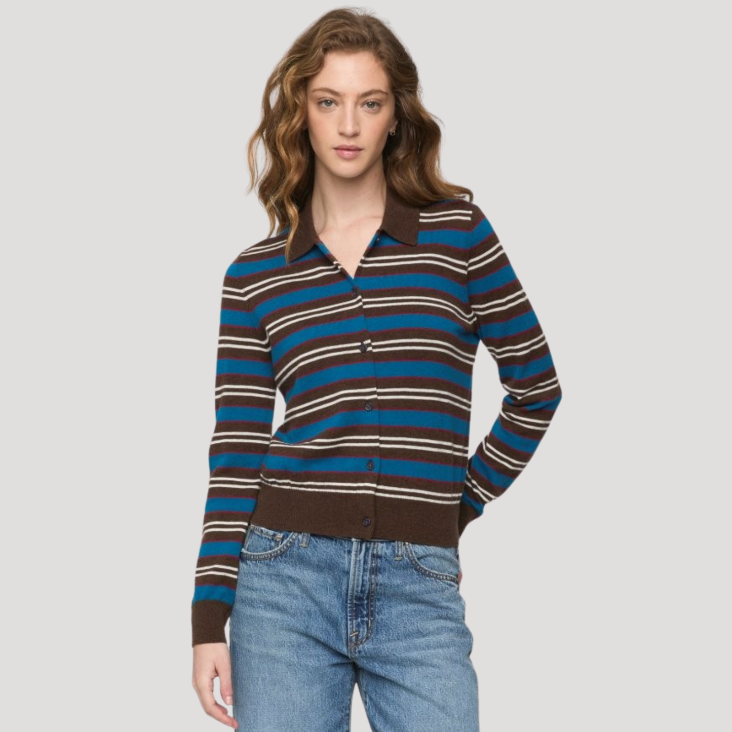 PISTOLA Lyvia Long Sleeve Merino Polo Cardigan in Tealwood Stripe