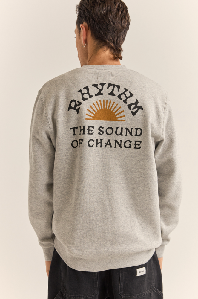 
                      
                        Men's heather grey crewneck sweatshirt with custom Rhythm back graphic
                      
                    