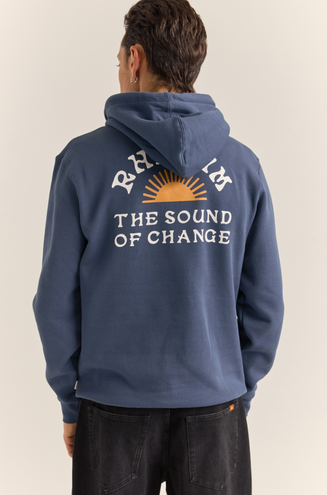 Navy blue hooded sweatshirt with custom Rhythm back graphic