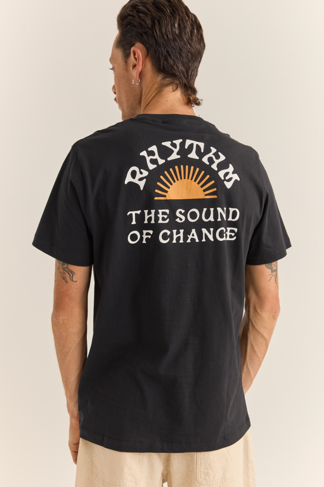 Black short sleeve t-shirt with the Rhythm Sound Of Change custom back graphic