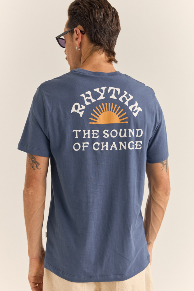 
                      
                        Navy short sleeve t-shirt with the Rhythm Sound Of Change custom back graphic
                      
                    