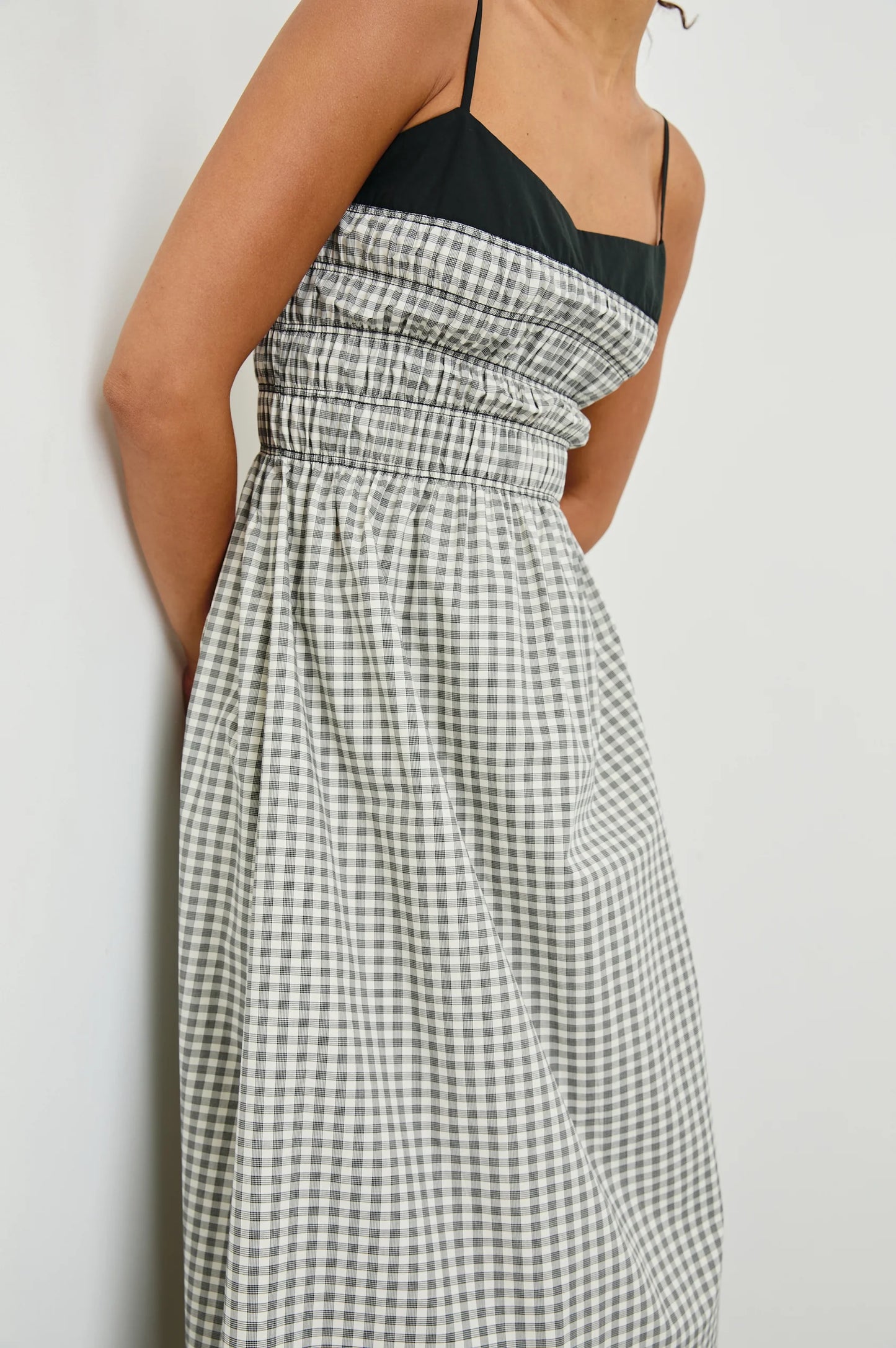 Shirred bodice sleeveless dress