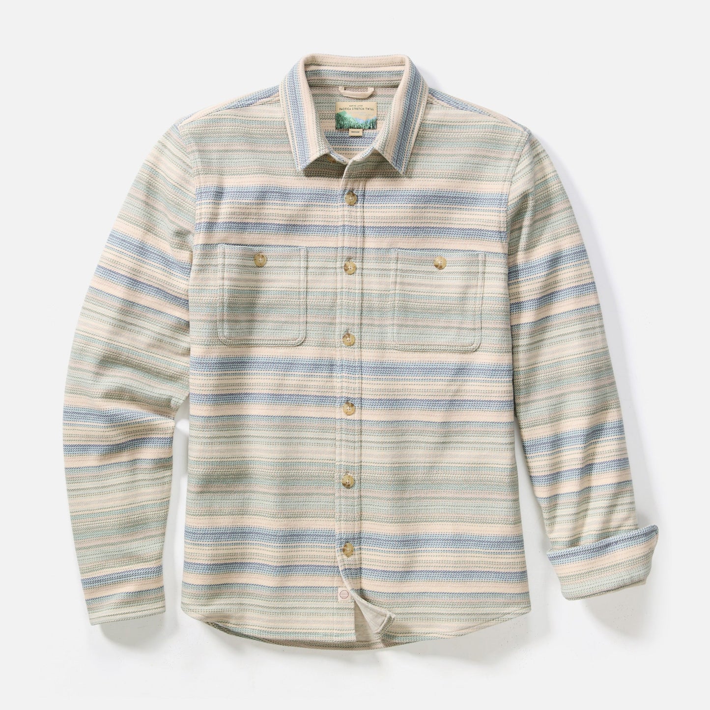 Marine Layer Pacifica Stretch Twill Overshirt in Blue/Green Baja Stripe