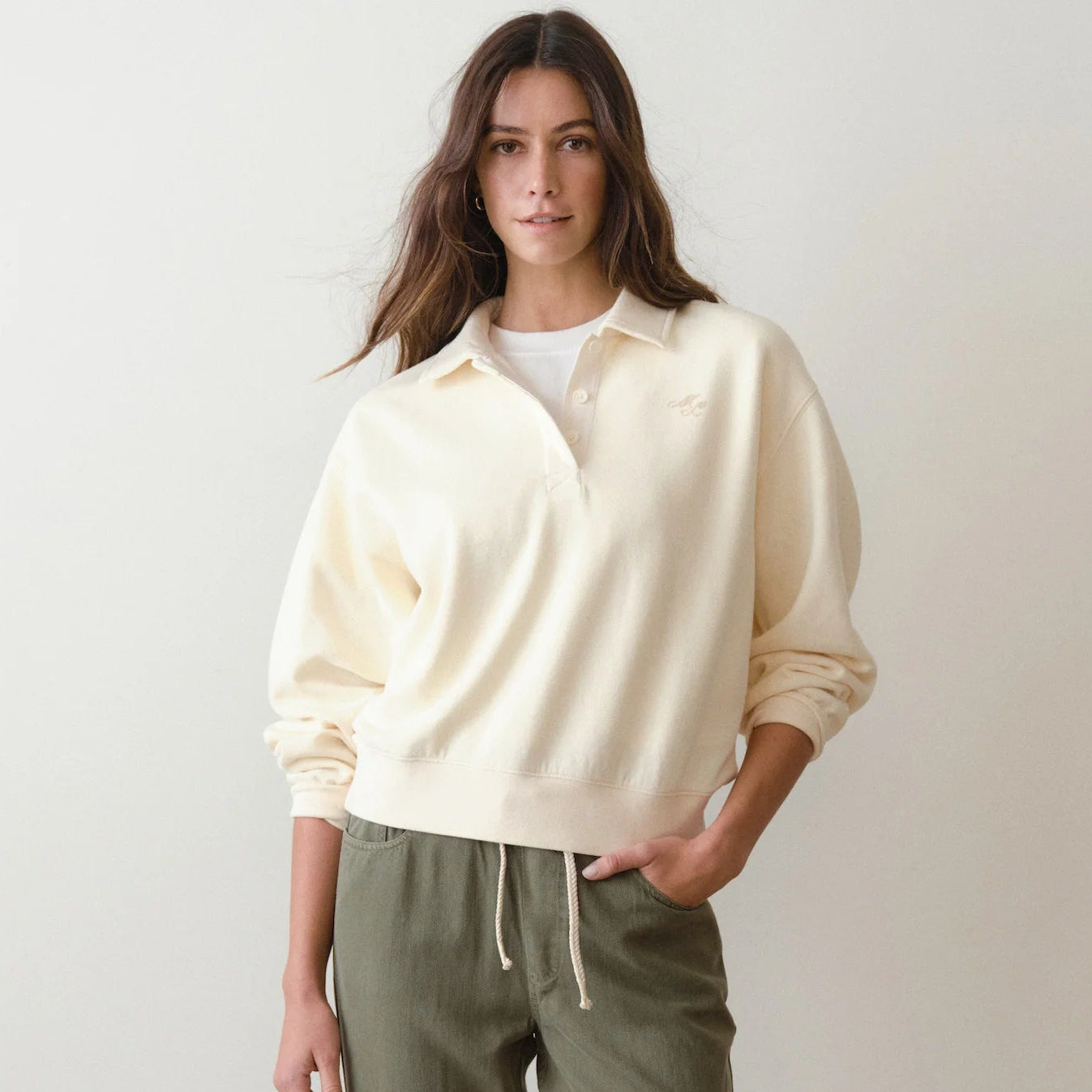 Marine Layer Women's Cloud 9 Fleece Polo in Antique White