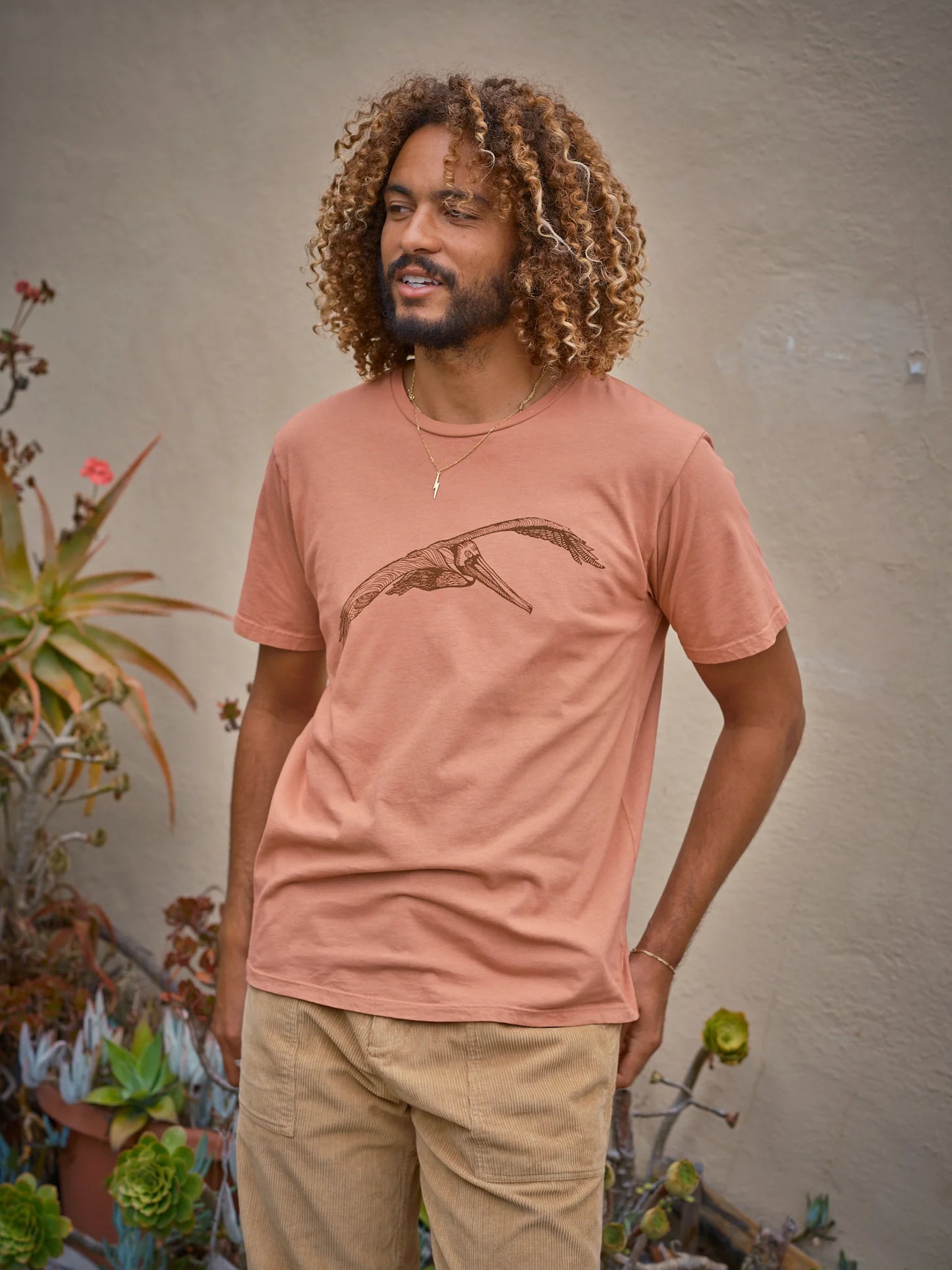 men's light red short sleeve t-shirt featuring a pelican on the front